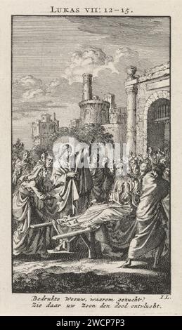 Wiederbelebung des Sohnes der Witwe von Nain, Jan Luyken, 1712 Druck Amsterdamer Papier Ätzen Christus berührt das Bier des Sohnes der Witwe von Nain: Der junge Mann setzt sich auf Stockfoto