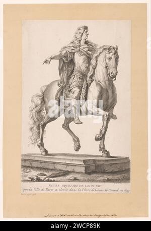 Ruiterportret Van Lodewijk XIV., Pierre Francois Tardieu, nach Nicolas Lesueur, 1721–1771 Druck auf die Statue von Lodewijk XIV., Blick nach rechts. Paris Papiergravur / Ätzung Reiterstatue. Historische Personen Stockfoto