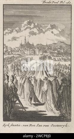 Trauerprozession von Don Juan van Austria, 1574, Jan Luyken, 1699 Druck im Vordergrund der Trauerprozession mit dem Leichnam von Don Juan von Österreich. Die spanische Armee ist auf beiden Seiten der Prozession. Eine Kirche im Hintergrund. Druckerei: Amsterdambookseller: Die Haager Papier-Ätzkortege, Begräbnisumzug Namen (Stadt) Stockfoto