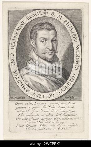 Portret Van Philips Van Winghe, Jacob Matham, 1592 - 1597 Druck Porträt des Kunstliebhabers und Freundes von Hendrick Goltzius, Philips van Winghe. Haarlem Papierstich historischer Personen Stockfoto