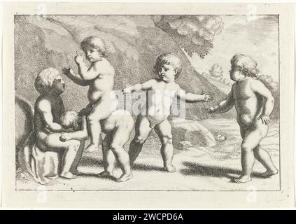 Reitpferd, Anonym, nach Michiel Mosijn, nach Cornelis Holsteyn, 1640–1705 drucken Ein Kind fährt auf dem Rücken eines anderen Kindes. Sie werden von drei weiteren Kindern begleitet. Vielleicht spielen sie das Spiel Bok Stavast. Niederlande Papiergravur Pick-a-back, Huckepack Stockfoto
