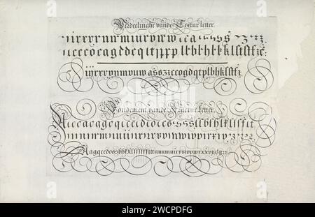 Zwei Schreibbeispiele: Textura und Fraktur, 1605 drucken zwei Auftritte in einem Album-Magazin. Es geht um zwei Schreibbeispiele. Über drei Buchstabenzeilen mit Titel in der gotischen Textura. Darunter drei Buchstabenzeilen mit Titel in Fraktur. Beide mit Wellung und einer horizontalen Linie unten. Die Abzüge sind Teil eines Albums. Druckerei: Haarlemafter Design: Rotterdam Papierstich Kalligraphie Stockfoto