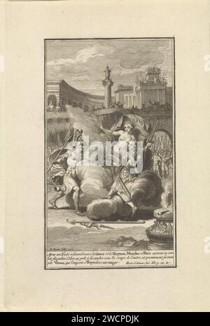 Der Kampf zwischen Menelaos und Paris, Bernard Picart (Werkstatt oder), nach Bernard Picart, 1710 Druck König Menelaos und Paris kämpfen für Helena. Venus hat Paris in einer Wolke, um ihn zu retten, damit er nicht verliert. Am Rand eine Beschriftung auf Französisch. Amsterdamer Papiergravur Venus greift in das Duell zwischen Paris und Menelaus ein: Sie bedeckt Paris mit einer Wolke und führt ihn in sein Zimmer Stockfoto