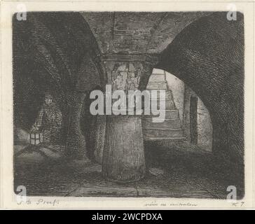 Keldervelf, Jacobus Ludovicus Cornet, 1825–1882 drucken das Kellergewölbe einer Burg, die auf schweren Säulen ruht. Im Hintergrund ein Mann mit einer Laterne. Leiden Papier-Ätzkeller, Keller. Tresor  Architektur Stockfoto