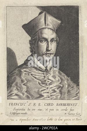 Portret Van Francesco Barberini, Melchior Tavernier, 1607–1641 gedrucktes Porträt von Kardinal Francesco Barberini. Unten am Rand ein lateinischer Text über seine Weisheit und seinen Frieden in seinem Herzen. Paris Papierätzung/Gravur Stockfoto