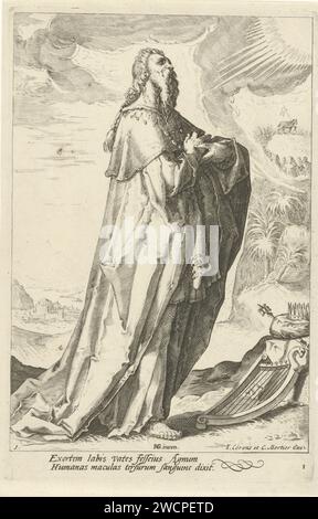 David, Jacob Matham (zugeschrieben), nach Hendrick Goltzius, 1720–1777 Druck David, mit Harfe, Krone und Zepter neben ihm. Erster Druck aus der Reihe der Propheten und der Propheten aus dem Alten Testament kombiniert. Amsterdamer Papierstich David (nicht im biblischen Kontext); mögliche Attribute: Krone, Harfe Stockfoto