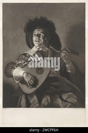 Serenade, Frederik Christiaan Bierweiler, nach Judith Leyster, nach French Hals, 1803 drucken Einen Jungen, der auf einer Laute spielt. Auf dem Kopf eine Baskenmütze mit Federn. Amsterdamer Papierätzlaute und spezielle Lautenformen, z. B. Theorbo. Eine Person spielt Streichinstrument (gezupft). Laute einstellen Stockfoto