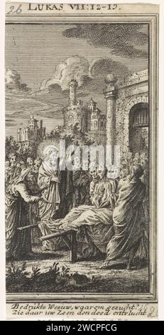Wiederbelebung des Sohnes der Witwe von Nain, Anonym, nach Jan Luyken, 1712 Druck Amsterdamer Papier Ätzen Christus berührt das Bier des Sohnes der Witwe von Nain: Der junge Mann setzt sich auf Stockfoto