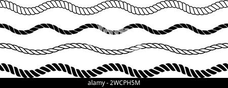 Set von Seilwellen. Wiederkehrende Sammlung von Hanfschnurstreifen. Winkenkette, Flechtgeflecht, Flechtbündel. Nahtloses, dekoratives Flechtmuster. Vektorgarn-Designelemente für Banner, Poster, Rahmen, Rahmen Stock Vektor