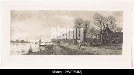 Häuser an der Amstel, Elias stark, 1887 Druckhäuser entlang des Flusses Amstel. Eine Frau läuft auf der Straße. Nieuwer-Amstel-Papier. Ätzen Fluss (+ Landschaft mit Figuren, Personal) Amstel (Fluss) Stockfoto