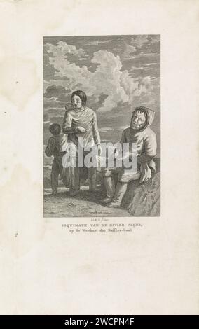 Inuit, Monogrammist JARB, 1822 Druck Inuit, die am Fluss Clyde an der Westküste der Baffin Bay leben. Ein sitzender Mann und eine Frau mit einem Kind auf dem Rücken. Niederländisches Papier zur Ätzung indigener Völker der arktischen Regionen: Inuit Canada Stockfoto