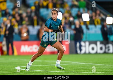 Mark Fowler wärmt beim Achtelfinale Australien gegen Dänemark der FIFA Frauen-Weltmeisterschaft 2023 Australien und Neuseeland, Sydney, Australien, 7. August auf Stockfoto