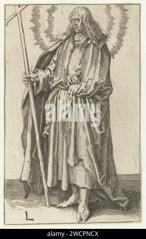 Der Apostel Philippus, Anonym, nach Lucas van Leyden, 1508 - 1583 Druckpapier mit dem Stich des Apostels Philipp; mögliche Attribute: Buch, Kreuz, Schüssel mit Schlange, Lanze, Scroll, Stein, Schwert Stockfoto