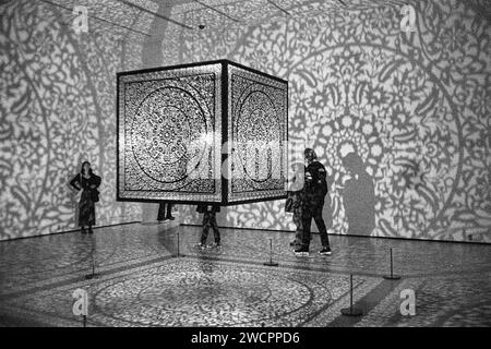 Dezember 2023 - Peabody Essex Museum - Salem, Massachusetts. Besucher umgeben das Anila Quayyum Agha - alle Blumen sind für mich erleuchtete türkische Exhibi Stockfoto