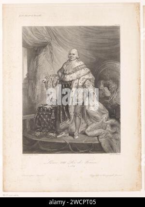 Porträt von Ludwig XVIII., König von Frankreich, Louis Gustave Thibault, nach Paulin Guérin, nach Auguste Sandoz, 1838 - 1841 Druckerei: Franziskus Malerei von: Franziskus: Paris Papierätzung / Gravur historischer Personen. king. Abzeichen und Symbole der Souveränität (Krone, Diadem, Zepter, Kugel, Siegel, Standard, Mantel, Brustwand) Stockfoto