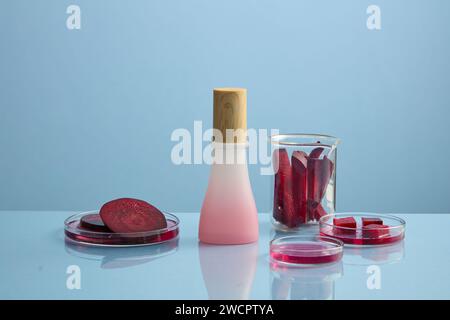 Ein Becher und mehrere Petrischalen aus Glas, dekoriert mit leerem Kosmetikglas. Rote Bete (Beta vulgaris) hilft, Akne auf Ihrer Haut zu trocknen Stockfoto