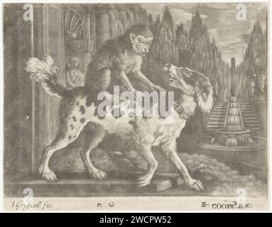 Affe auf dem Rücken eines Hundes, Jan Grangier (I), 1667 - 1718 Druck in einem Ziergarten befindet sich ein Affe auf dem Rücken eines Hundes. Der Hund bellt dem Affen zu. Papiergravur von Affen, Affen. Hund. Garten. Gartenbrunnen Stockfoto