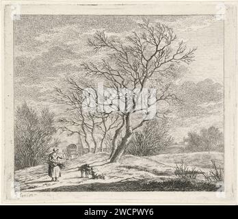 Winterlandschaft, Johannes Janson, 1783 Druck Winterlandschaft mit einer Frau und zwei Kindern, die Holz sammeln. Ein überdachter Wagen im Hintergrund. Dritter Druck aus einer Serie von 13 Monaten. Leiden Papier-Ätzlandschaft symbolisiert Februar. Winterlandschaft; Landschaft, die den Winter symbolisiert (die vier Jahreszeiten). Holzsammeln, Holzsammler (+ tote, verwelkte Pflanze) Stockfoto