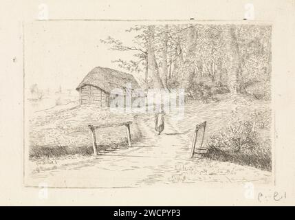 Landschaft mit Brücke und Scheune, Elias stark, 1887 Druck Eine Frau führt eine Straße, die über eine Brücke und entlang eines Schuppen führt. Nieuwer-Amstel Papierätzung / Gegensichere Brücke. Scheune Stockfoto