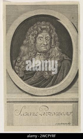 Porträt Samuel von Pufendorf, Wouter Jongman, 1712–1744 Druck BostePortret des deutschen Philosophen Samuel von Pufendorf, mit gesticktem Schal. Das Porträt wird in einem ovalen Rahmen erfasst. In einem Rahmen auf dem Sockel der Name der dargestellten Person. Amsterdamer Papierätzung/Gravur Stockfoto