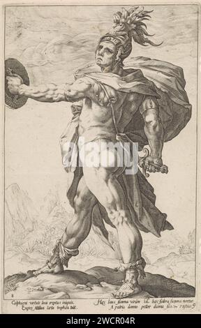 Calpurnius, anonym, nach Hendrick Goltzius, 1645–1706 Druck des Helden Marcus Calpurnius Flama, links gesehen. Im Hintergrund sehen Sie, wie er Konsul Attilius Calatinus vor einem Hinterhalt mit einer kleinen Armee rettete. Zweimal zwei lateinische Strophen unter der Aufführung. Amsterdamer Papierstich männlicher Personen aus der klassischen Geschichte (CALPURNIUS, M.) Stockfoto