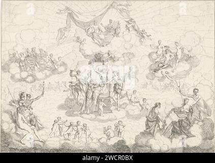 Heirat von Bacchus, Gerard Melder, 1725 Druck in der Mitte Bacchus und seine Braut Ariadne in einem brennenden Altar. Darüber in den Wolken Juno und Jupiter. Auf den Wolken links die Musen und rechts die drei Gnaden. Links vorn Minerva und Quecksilber, vorn rechts Pluto mit Tweetand. Amsterdamer Papierätzung Hochzeit von Bacchus und Ariadne. Zweizackige Gabel  Attribut von Pluto Stockfoto