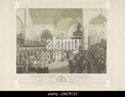 Taufe von Prinz Alexander van Oranje-Nassau, 1818, Anonym, 1818 Print Taufzeremonie von Prinz Alexander van Oranje-Nassau, dem zweiten Sohn von Willem II. Und Anna Paulowna, in der Grote Kerk in den Haag am 24. August 1818. In der Mitte der Kirche befinden sich König Wilhelm I., Prinz Friedrich, Prinzessin Anna Paulowna, Königin Wilhelmina van Pruisen, Prinzessin Marianne und der Kronprinz, der Vater und der spätere König Wilhelm II., der das Kind tauft. Die Taufe wird von Hofkapelaan Reverend Krieger gedient. Die Kirche füllte sich weiter mit Gästen. Druckerei: Netherlandspublisher: Amsterdam Pap Stockfoto