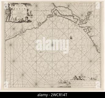 Pass Card of the Golf of Benin, Jan Luyken, 1683 - 1799 Print Pass Card of the Golf of Benin an der Westküste Afrikas, mit einer Kompassrose, der Norden ist oben. Oben links der Titel und die Adresse des Verlegers, umgeben von einem dunklen Mann mit Bogen und Bogen und Fee, einem schlafenden Mann und einer Gruppe Männer am Lagerfeuer. Unten rechts ein paar Putti und Meermanen in der Skala, die in Deutsch, Spanisch und Englisch oder Französisch Meilen (Maßstab: c. 1: 1.400.000) angezeigt wird. Amsterdamer Papierätzung / Gravur Cupiden: 'amores', 'amoretti', 'Putti'. Segelschiff, Segelboot. Merman. Schwimmende Säugetiere: w Stockfoto