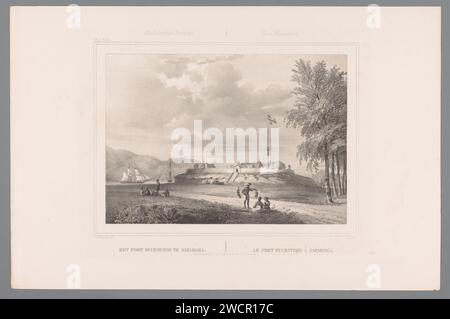 Blick auf Fort Duurstede in Saparua, Paulus Lauters, nach Charles William Meredith van de Velde, ca. 1847 Druck oben links: pl.xxxii. Amsterdamer Papierfestung. Fahnenmast Molukken. Saparua Stockfoto