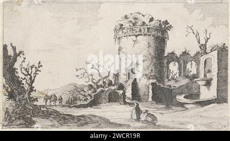 Brunnen in Ruine mit rundem Turm, Gillis van Scheyndel (I), nach Antoine Perelle, 1605 - 1653 Druck gibt es eine Ruine mit rundem Turm und einen Brunnen in einer Landschaft. Entlang der Ruine fahren zwei Reisende mit einem Pferd. Im Vordergrund sehen einige Figuren die Ruine. Der Druck ist Teil einer Serie von zwölf Landschaften. Niederlande Papier-Ätzlandschaft mit Ruinen. "unterwegs", Reisende unterwegs. Zierbrunnen Stockfoto