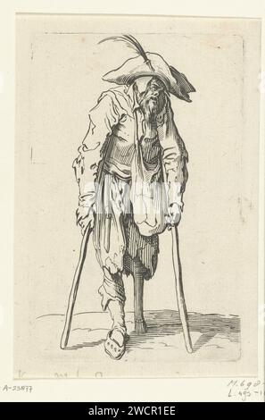 Bettler mit Krücken und Holzbein, anonym, nach Jacques Callot, 1622 - 1670 Druckmann mit Holzbein, gekleidet in Lappen, von vorne gesehen, basierend auf zwei Krücken. Dieser Ausdruck ist Teil einer Serie von 25 (?) Drucke mit Bettlern und Vaganten, wie Callot, der wahrscheinlich in Italien gesehen hat. Frankreich (möglicherweise) Bettler mit Papierätzung. Krücken. Holzbein Stockfoto