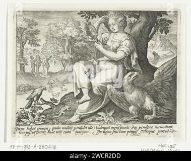 SENSE Face, Nicolaes de Bruyn, nach Maerten de Vos, 1581–1656 Printfrau als Personifikation des SENSE Face in der Landschaft sitzend, schaut sie in einen Spiegel, während ein Raubvogel mit gespreizten Flügeln neben ihr steht. Im Hintergrund ist eine Szene aus der Genesis zu sehen: Gott zeigt Adam und Eva den Baum der Erkenntnis von gut und Böse. In Rand unter zwei Zeilen lateinisch. Niederlande Papier Gravur Sight, Look (einer der fünf Sinne). Das Gebot der Prüfung: Gott warnt Adam und Eva, nicht vom Baum der Erkenntnis von gut und Böse zu essen Stockfoto