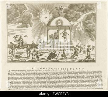 Allegorische Ausstellung über Prinz Willem V., 1787, Anonym, 1787 Druck Allegory über die Restaurierung von Stadholder Wilhelm V. im Jahr 1787. Der Statthalter, der im Tempel der Religion steht, erhält Hut und Säbel von einem Patrioten, der seine Waffe rechts versucht. Im Vordergrund eine Reihe von Figuren: Der preußische Adler treibt Neid, Lüge und Bosheit an. Links die Segnungen, die die Wiederherstellung des Friedens fördern. In der Luft das allsehende Auge. Auf dem Magazin unter dem Teller eine Aussage über die Leistung. Nordholland Papierätzung / Buchdruck das alles sehende Auge, Dreieck mit Stockfoto