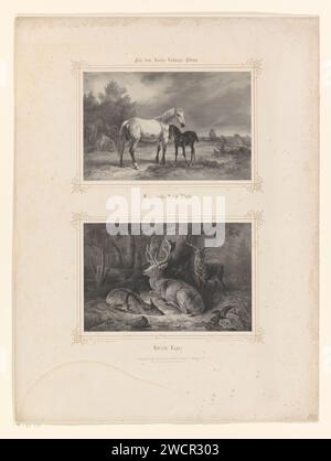 Pferde auf einer Wiese und Hirsche im Wald, Carl Straub, nach Alois Bach, nach August Schleich, 1850–1859 Münchner Papier drucken. Pferd. Huftiere: Hirsche. Landschaften in der gemäßigten Zone Stockfoto