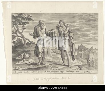 Jerobeam en de profeet Achia, Hans Collaert (I) (zugeschrieben), nach Ambrosius Francken (I), 1585 Druck der Prophet Achia hat seinen Mantel in zwölf Stücke zerrissen und überreicht zehn Stücke an JeroBeam. Der zerrissene Mantel symbolisiert die Spaltung des jüdischen Volkes. JeroBeam wurde König von zehn der zwölf Stämme. Unter der Show ist ein Hinweis auf den Bibeltext in 1 Kon in lateinischer Sprache zu sehen. 11. Antwerpener Papierstich-Begegnung von Jerobeam und dem Propheten Ahija; Ahija reißt sein Kleid in zwölf Stücke, von denen er zehn Jerobeam gibt Stockfoto