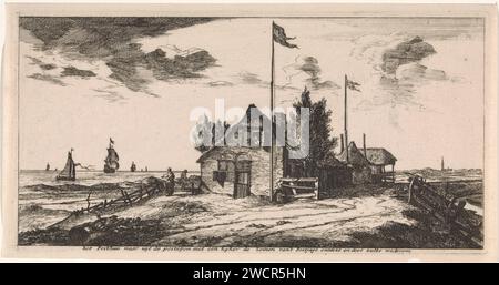 Posthuis mit einem Postboten auf Uitkijk, Joost van Geel, in oder nach 1666 drucken Ein Posthuis am Ufer eines Flusses. Im obersten Stock ist ein Postbote auf der Suche nach Schiffen. Er blickt mit einem Fernglas aus dem Fenster. Der Druck enthält eine niederländische Beschriftung mit einer Erklärung. Rotterdam Papier Ätzen / Gravieren Meer. Ruderboot, Kanu usw. Postdienst. Senden, Verpacken von Postsachen Stockfoto