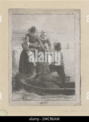 Shifting, Reinier Craeyvanger, 1822 - 1880 Print Ein Skipper hilft einer Familie eines Vaters, einer Mutter und einer Tochter beim Einschiffen auf dem Ruderboot Amsterdam China Papierätzer Familiengruppe, besonders Eltern mit ihrem Kind. Ruderboot, Kanu usw. Seemann Stockfoto