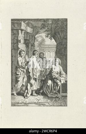 Drei Figuren besuchen einen Schriftsteller, Jacob Folkema, 1702 - 1767 Druck Ein Schriftsteller schreibt an einem Tisch mit einer Gänsefeder. Er sieht einen Mann und eine Frau im Kleid an, die ihn besuchen. Die Frau wird geehrt und hält eine Rolle Papier in den Händen. Hinter dem Schriftsteller steht ein dritter Mann mit einem Buch in der Hand unter einem Bogen. Papierätzautor, Dichterschrift Stockfoto