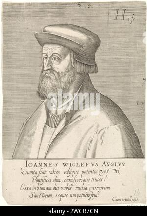 Porträt von John Wyclif, Hendrick Hondius (I), 1599 Druckbüste links von John Wyclif. Unter dem Porträt befinden sich der Name und vier lateinische Regeln. Drucken Sie aus (Teil 1 von) der Serie Porträts berühmter Reformatoren. Der Haager Papierstich Stockfoto