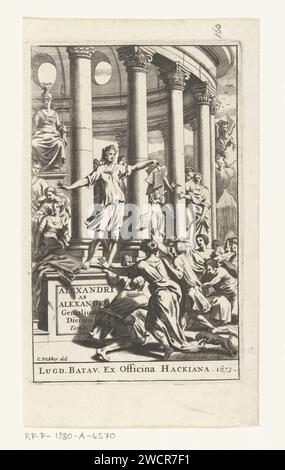 Titelpagina voor Alexander Alexander, Genialium, Deel 2, 1673, Gonsales Appelmans (zugeschrieben), nach Web (2), 1673 Druck draußen für einen runden Tempel, ein Mann steht auf einem Podest und wirft Blatt Papier zu einer Gruppe von Menschen, die eifrig herausstürmen. Im Hintergrund links steht eine Frau mit Helm und Speer auf dem Thron, rechts fliegt ein geflügeltes Pferd. Leiden Papiergravur Stockfoto