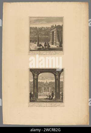 Tor im Garten von Kasteel Heemstede / Laube mit Blick auf den großen Teich, das Tor und Schloss Heemstede, Isaac de Moucheron, 1706 - 1719 drucken zwei Aufführungen. Oben: Sehen Sie das Tor im Garten der Burg Heemstede von der Seite. Springbrunnen sind in das Tor integriert. Im Vordergrund zwei Männer mit einem Hund. Unten: Von einer Laube aus, in der drei Männer, eine Frau und ein Hund entspannt sind, bietet sich ein Blick auf den großen Teich, das Tor und alles auf der Rückseite des Heemstede Castle. Amsterdamer Papierätzung / Gravur Schloss. Hund. Gartengebäude. Gartenteich Stockfoto