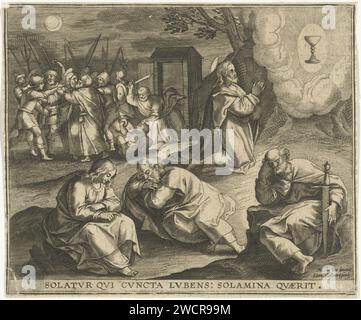 Christus im Hof van Getsemane, Jan Collaert (II), nach Maerten de Vos, 1597 Druck Christus betet zu Gott am Hof von Getsemane. In einer Vision sieht er eine Fehlgeburt als Symbol für sein bevorstehendes Selbstopfer. Seine drei Schüler können nicht wach bleiben und neben ihm schlafen. Christus wird im Hintergrund verhaftet. Der Druck hat eine lateinische Unterschrift. Antwerpener Papier, das das Gebet Christi im Garten Getsemani während der Nacht graviert. Der Kuss des Judas: Begleitet von Soldaten mit Fackeln und Laternen, küsst er Christus Stockfoto