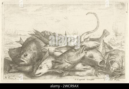 Angeln mit Krabben, Albert Flamen, 1648 - 1670 verschiedene Fische auf einem Stapel drucken. Im Hintergrund Menschen am Strand und Boote auf einem ruhigen Meer. Druckerei: Parispublisher: ParisFrance Papierätzfische Stockfoto