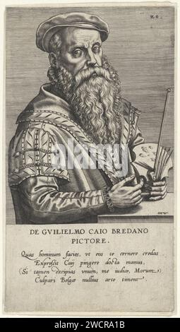 Porträt des Malers Willem Key, Johannes Wierix, 1572 Druck in seinen Händen hält er eine Malpalette und Pinsel. Am Rand eine vierzeilige Unterschrift in lateinischer Sprache. Antwerpener Papierstich Porträt, Selbstporträt des Malers. Palette Stockfoto