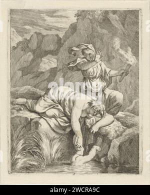 Thetis taucht Achilles in den Styx ein, J. Alexander Janssens, nach Victor Honoré Janssens, ca. 1700 Druck Rock Landscape with Thetis Who taucht Achilles in den Styx. Thetis liegt auf einem Felsen und hinter ihr ist eine Frau mit brennender Fackel. In der Mitte: 5. Fünfter Druck aus einer Serie von 14 mit Szenen aus dem Leben des Achilles. Südlich der Niederlande Papiergravur/Ätzung Thetis taucht Achilles in den Styx Stockfoto