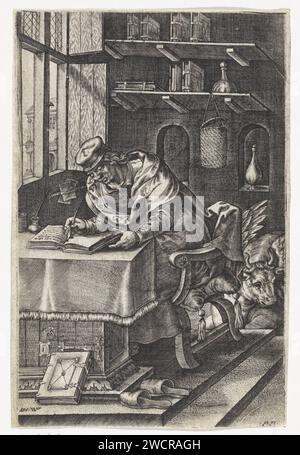 Evangelist Lucas, Johannes Wierix, nach Pieter van der Borcht (I), 1573 drucken der Evangelist Lucas in seinem Arbeitszimmer. Hinter seinem Stuhl ist sein Attribut der geflügelte Ochse. Antwerpen Papiergravur / Buchdruck St.. Lukas schreibt sein Evangelium, normalerweise ein (geflügeltes) Ochsengeschenk Stockfoto