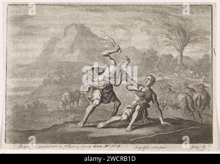 Cain Kills Abel, Jan Luyken, 1703–1762 Print Maker: Haarlem Verlag: Amsterdam Papier Radieren / Buchdruck das Töten von Abel: Cain tötet ihn mit einem Stein, einem Schläger oder einem Kieferknochen, alternativ mit einem Spaten oder einem anderen Werkzeug als Waffe Stockfoto