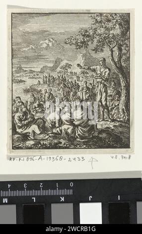 Predigt von Johannes dem Täufer an den Ufern des Jordaan, Jan Luyken, 1706 Druck Amsterdam Papierätzung / Buchdruck Johannes des Täufers streitend Stockfoto