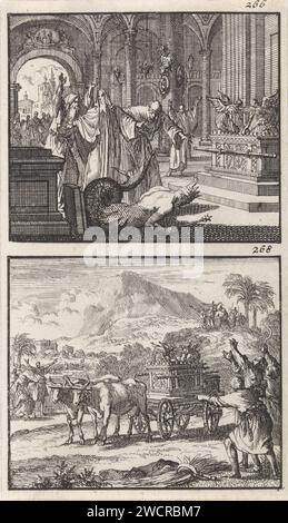 Bundeslade im Tempel von Dagon / Rückkehr der Bundeslade der Verbände, Jan Luyken, 1698 drucken zwei Aufführungen einer Platte. Rechts oben nummeriert: 266 und 268. Amsterdamer Papier, das die Statue von Dagon in Ashdod graviert, fällt zu Boden. Die Bundeslade kehrte nach Israel zurück Stockfoto