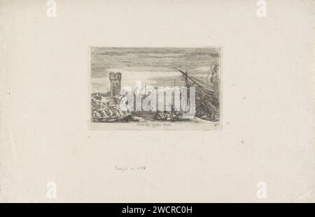 Blick auf die Küste Italiens, Anonym, nach Stefano della Bella, in oder nach 1647 drucken Eine Küstenlandschaft mit einem Turm auf der linken Seite. Im Vordergrund vier Karten spielende Männer. Rechts ein Schiff, das auf seiner Seite ist. Italien Papierätzschiffe (im Allgemeinen). hafen. turm, Uhrenturm  monumentale Verzierung Italien Stockfoto